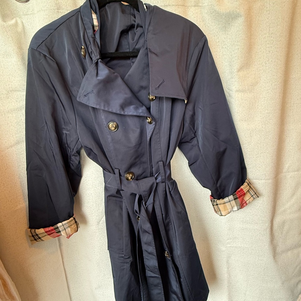 Navy Double-Breasted Trench Coat with Plaid Cuff